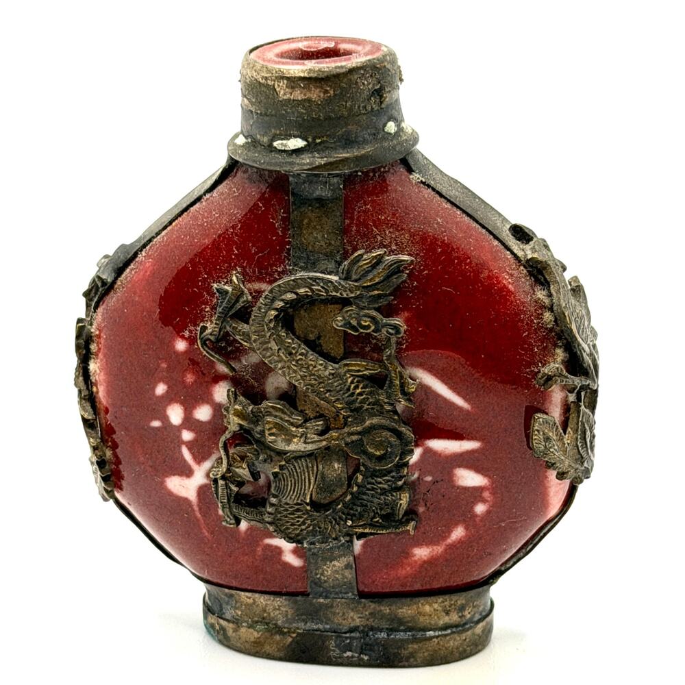 Vintage 70s Red Ceramic Dragon Phoenix Metal Filigree Snuff Bottle